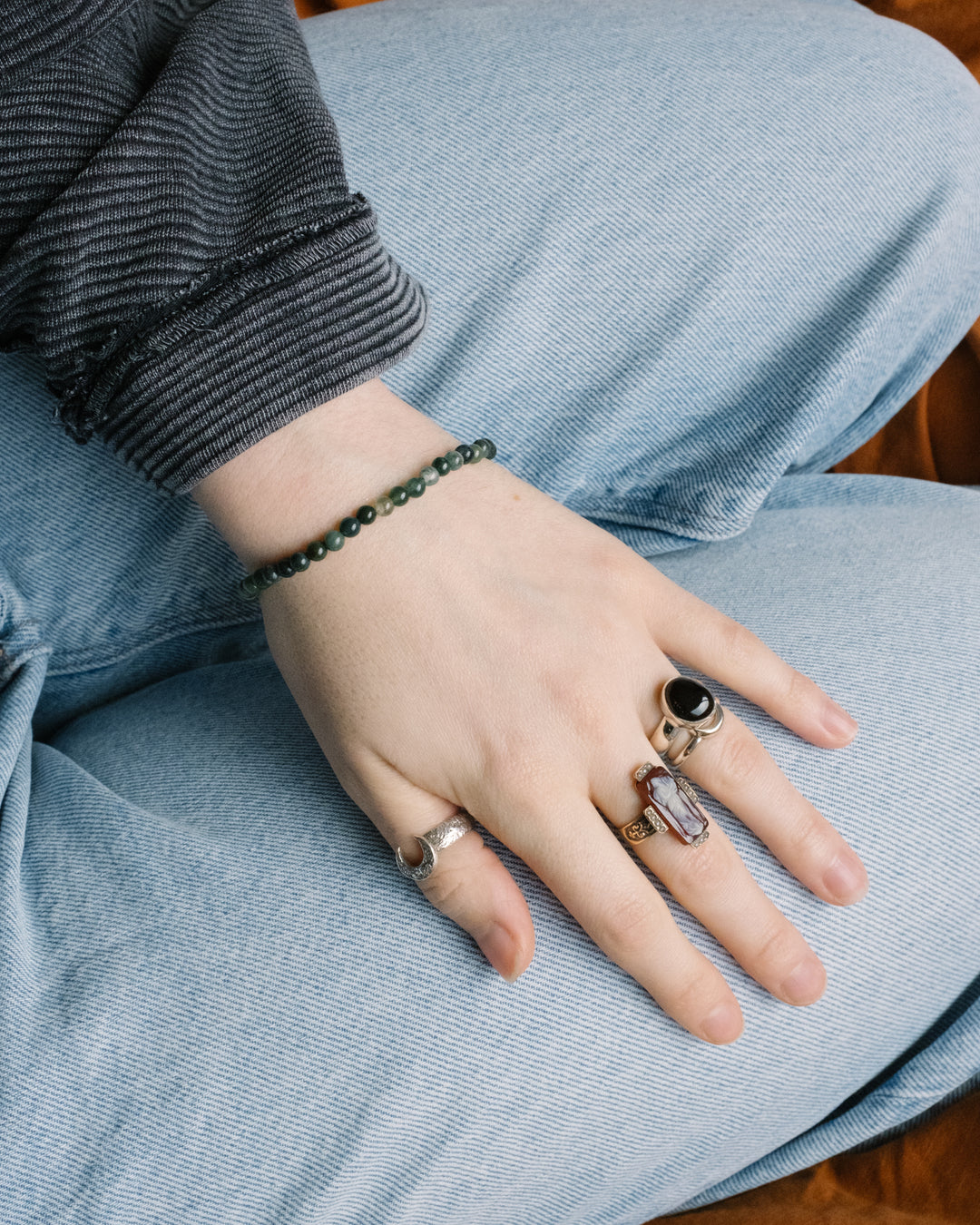 Moss Agate Round Bead Bracelet 4mm