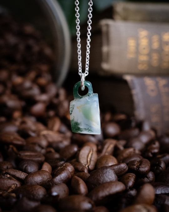 Moss Agate Hand Carved Mug Necklace