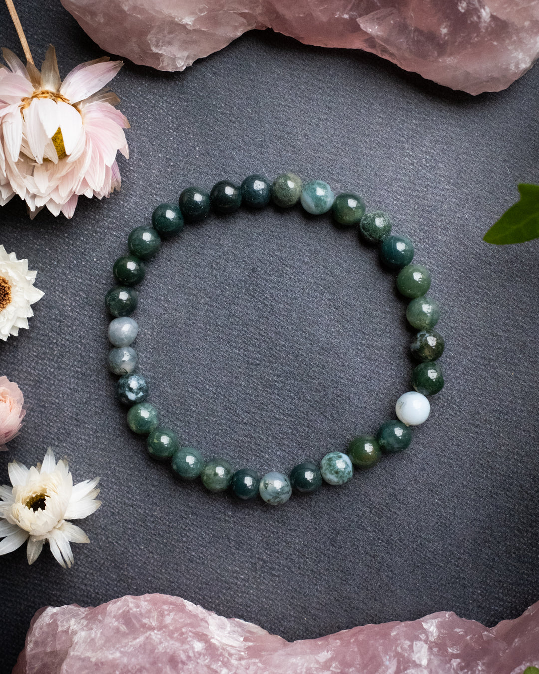 Moss Agate Round Bead Bracelet 6mm - The Healing Pear