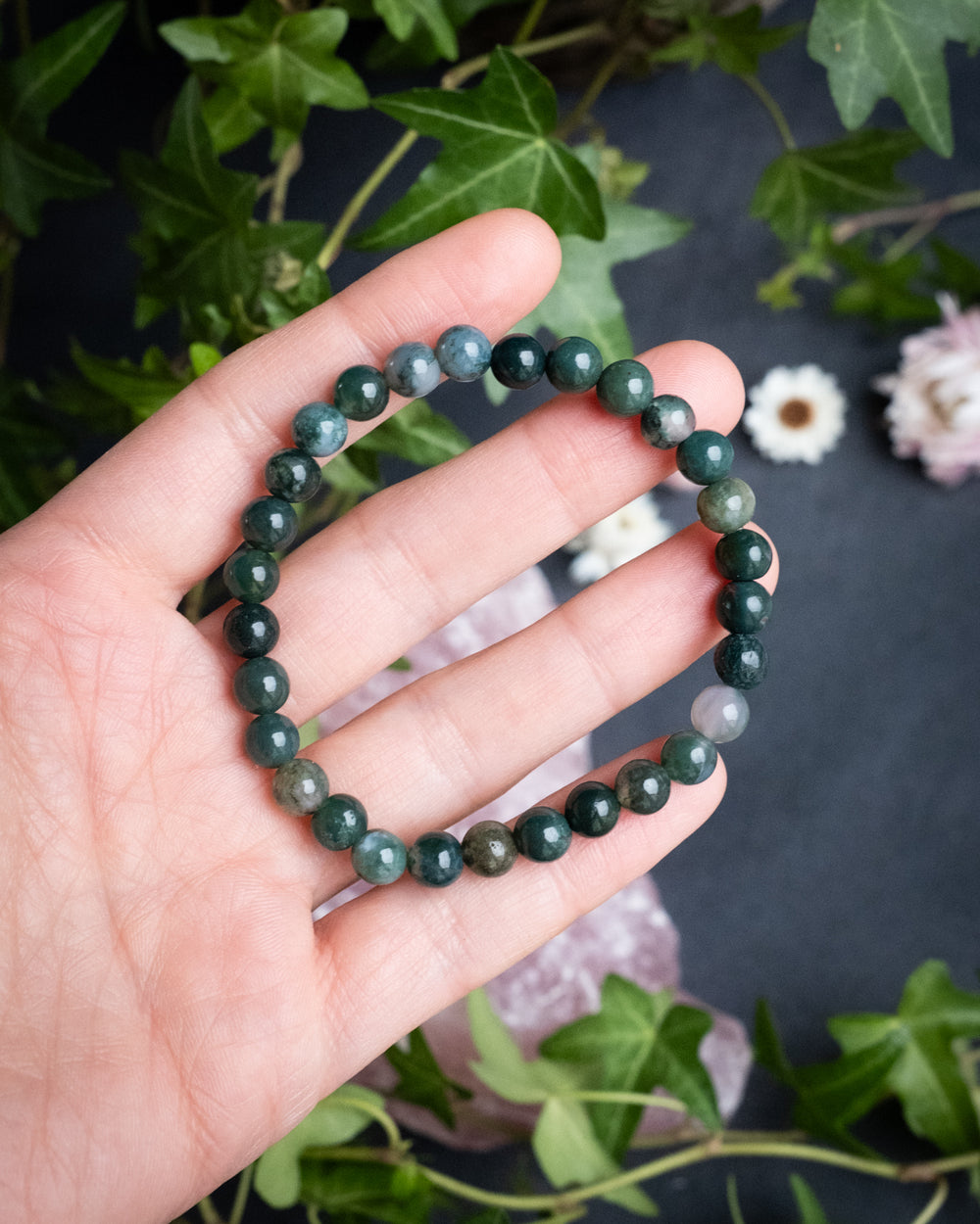 Moss Agate Round Bead Bracelet 6mm - The Healing Pear