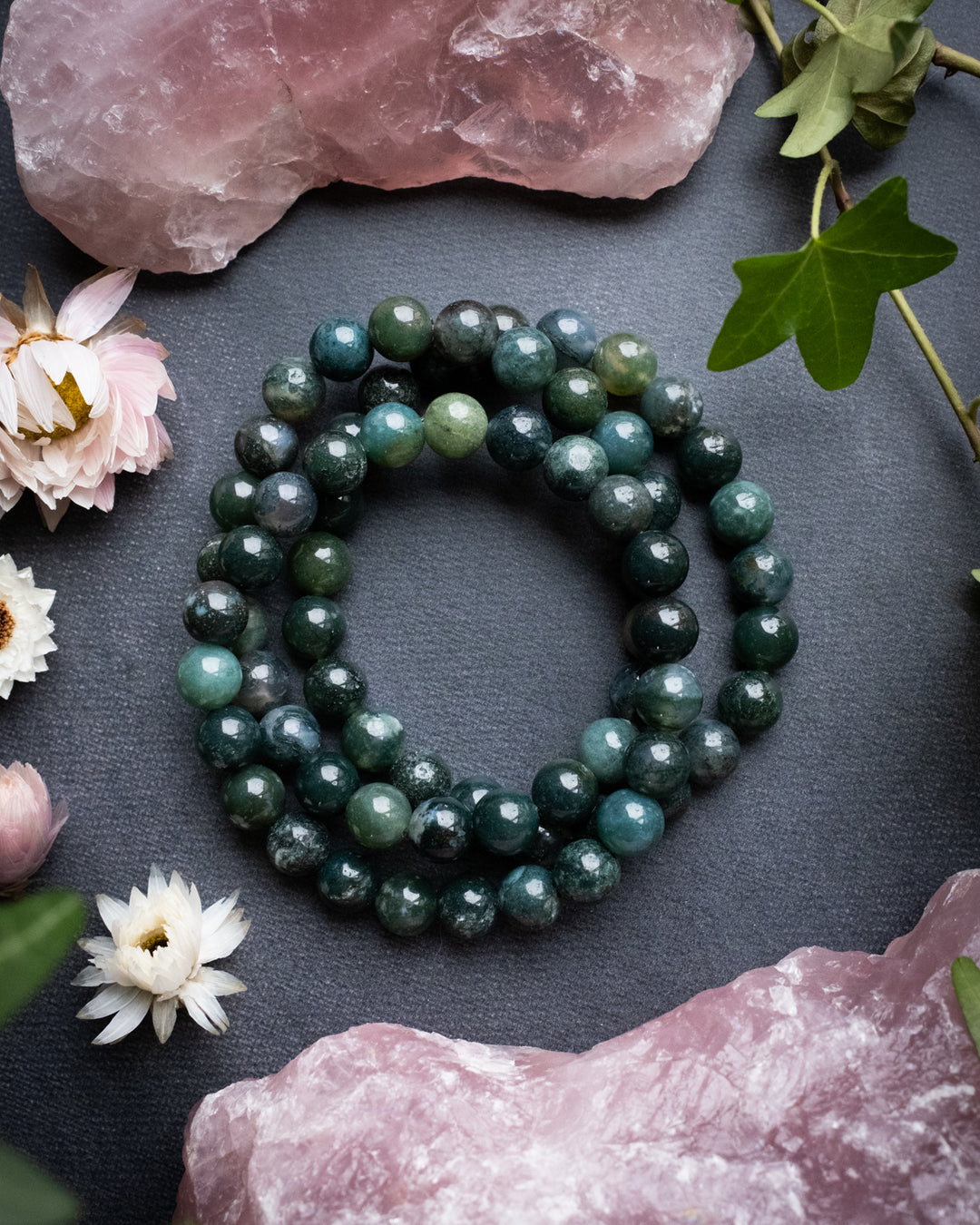 Moss Agate Round Bead Bracelet 8mm - The Healing Pear