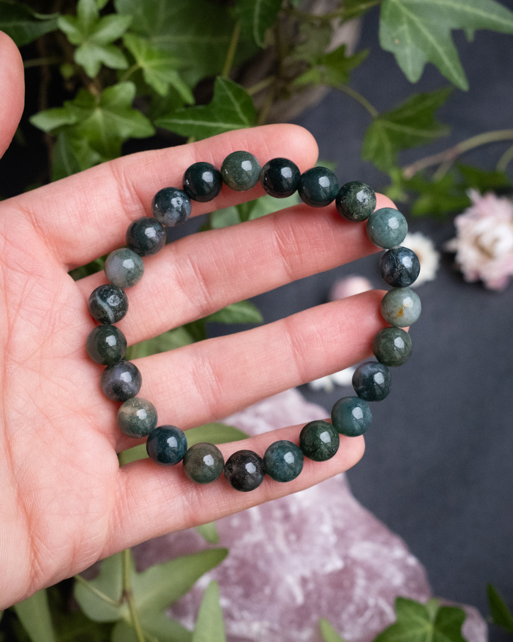 Moss Agate Round Bead Bracelet 8mm - The Healing Pear