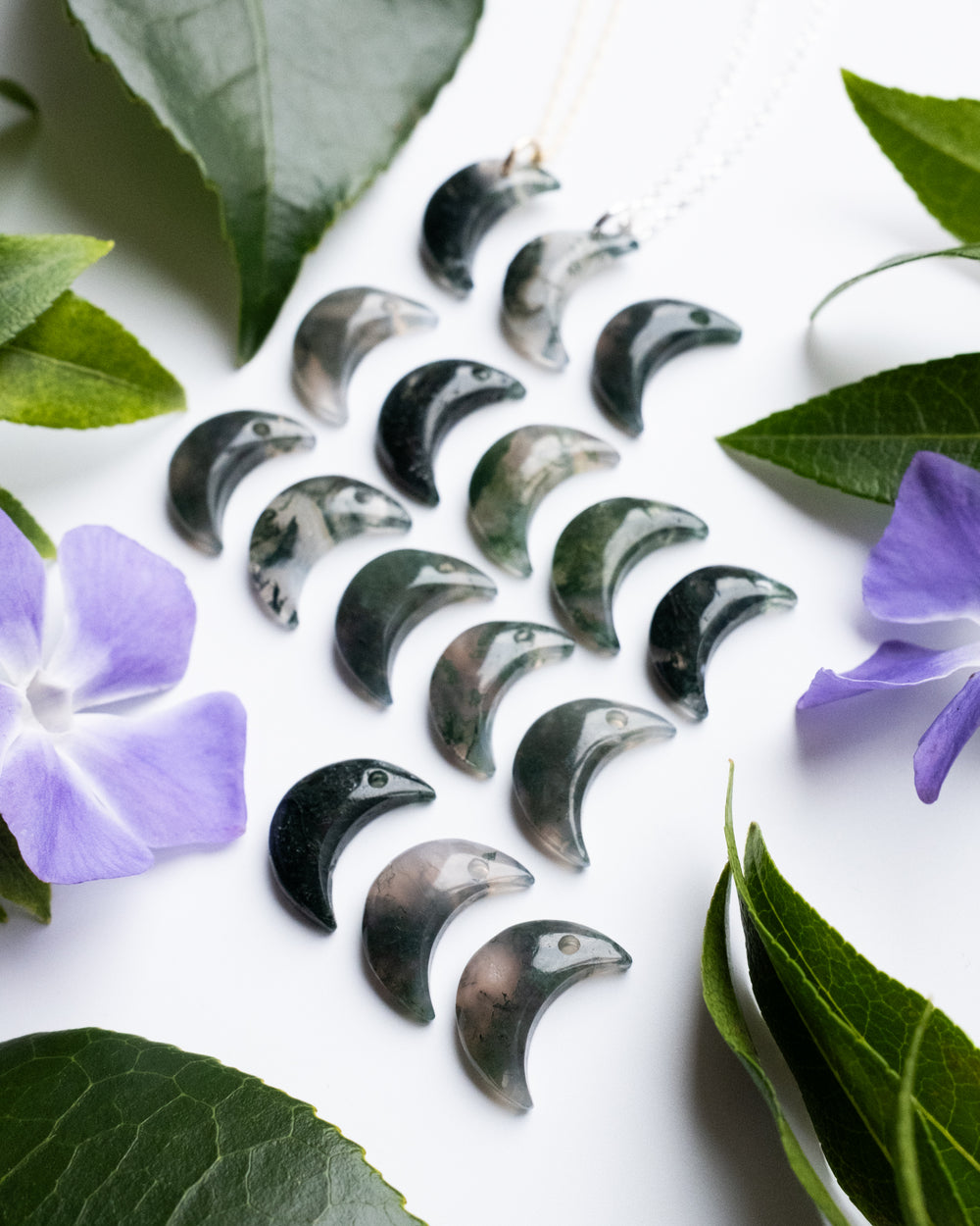 Moss Agate Crescent Moon Recycled Sterling Silver or Gold Necklace