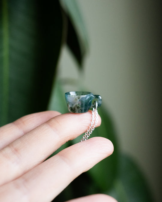 Moss Agate Hand Carved Mug Necklace