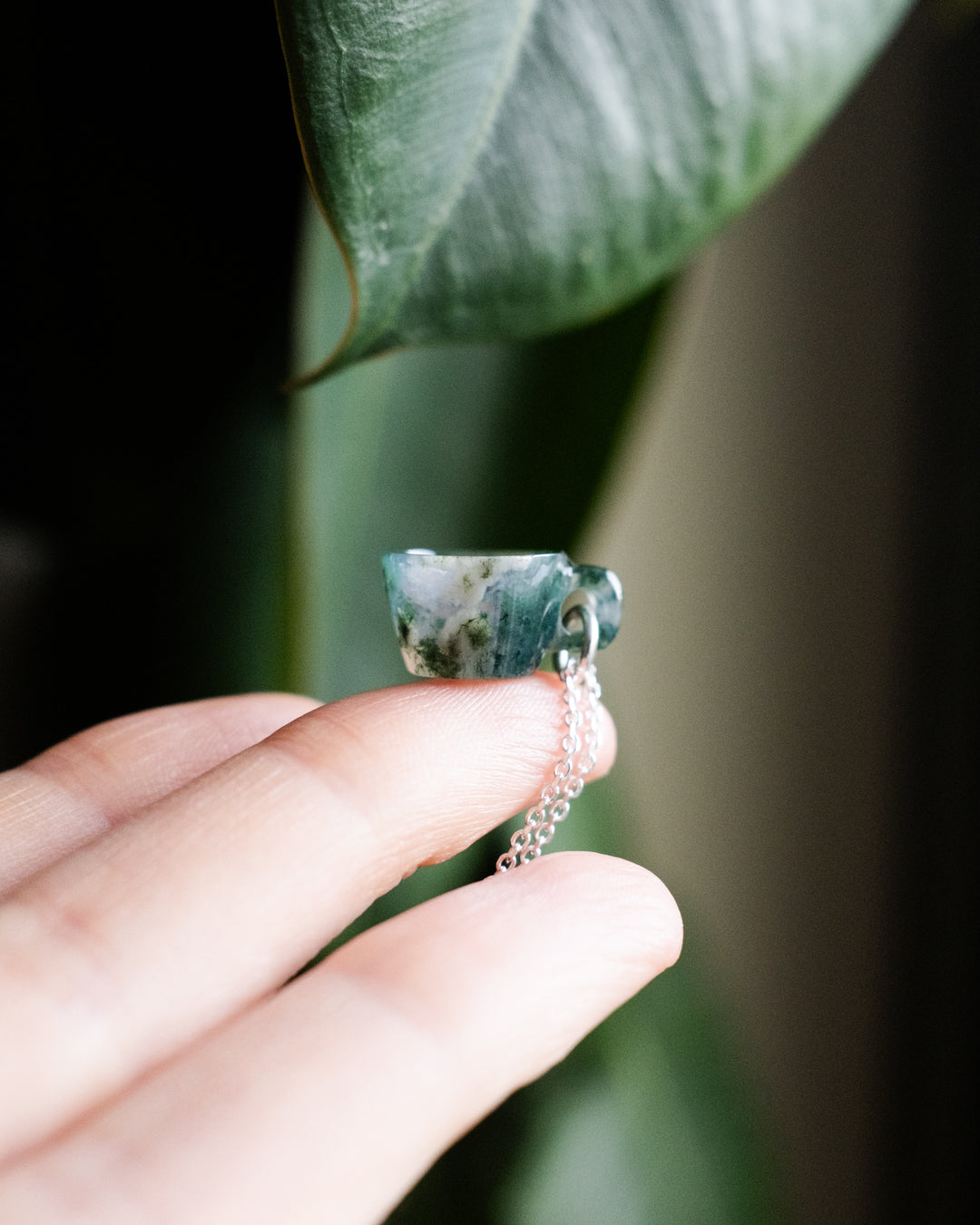 Moss Agate Hand Carved Mug Necklace