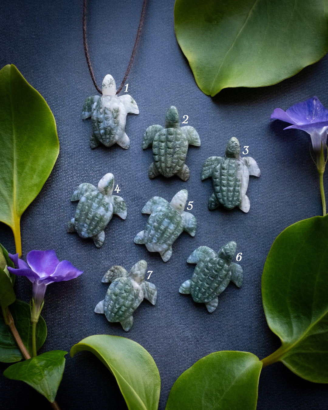 Small Moss Agate Hand Carved Leatherback Sea Turtle Necklace - The Healing Pear