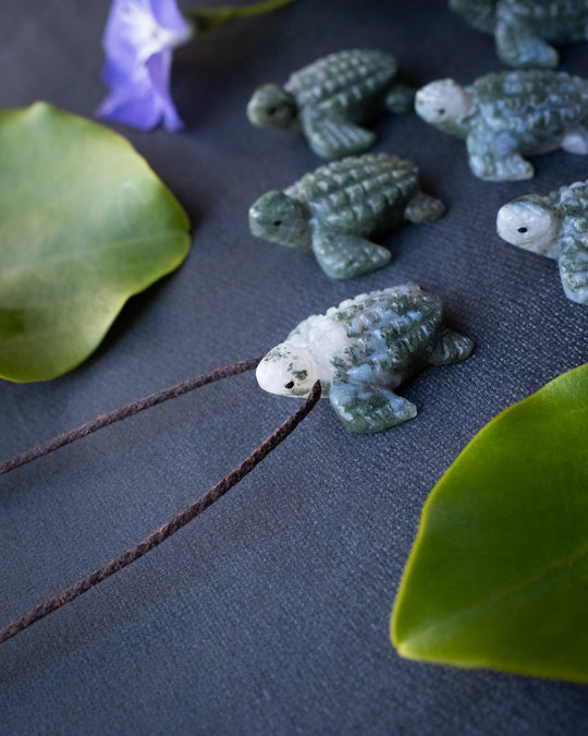 Small Moss Agate Hand Carved Leatherback Sea Turtle Necklace - The Healing Pear