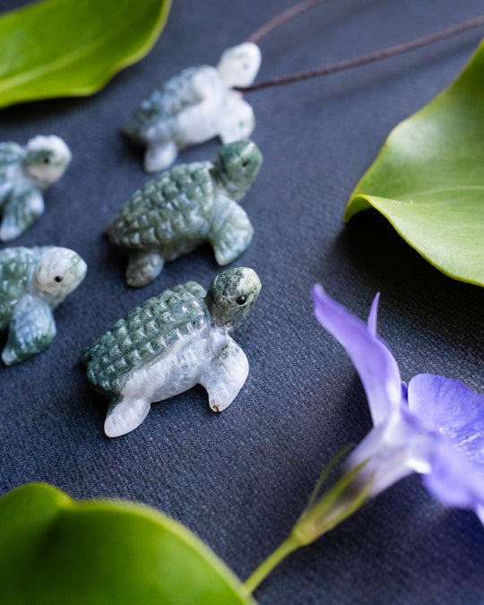 Small Moss Agate Hand Carved Leatherback Sea Turtle Necklace - The Healing Pear