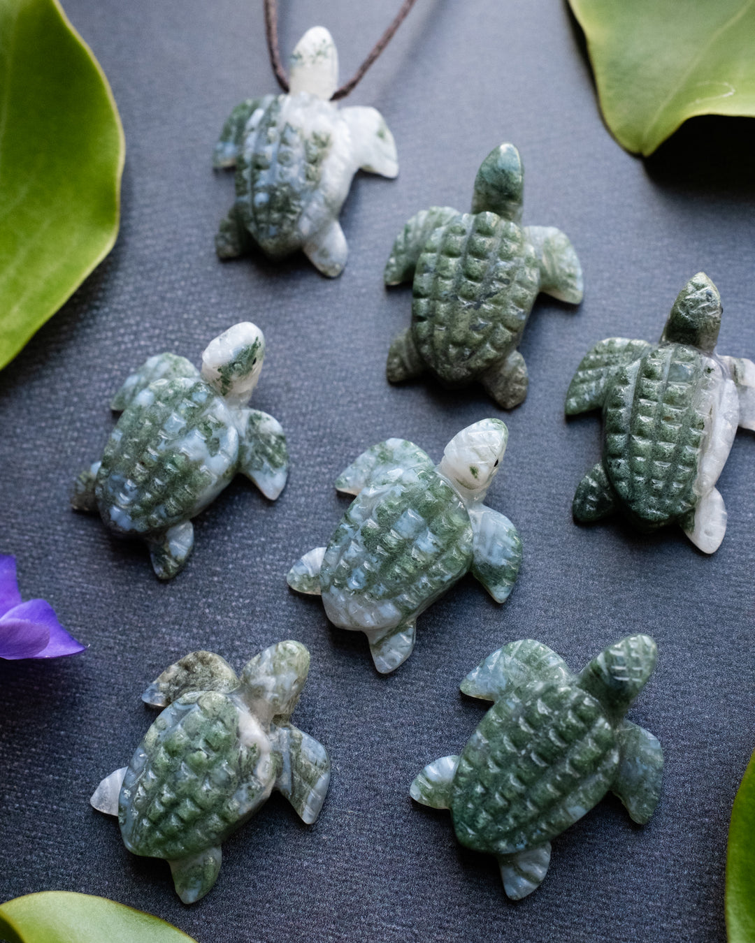Small Moss Agate Hand Carved Leatherback Sea Turtle Necklace - The Healing Pear