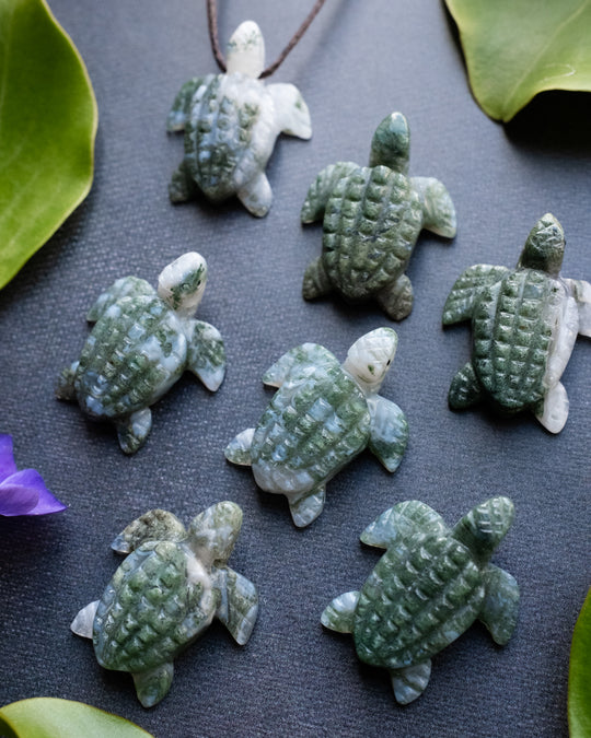 Small Moss Agate Hand Carved Leatherback Sea Turtle Necklace - The Healing Pear