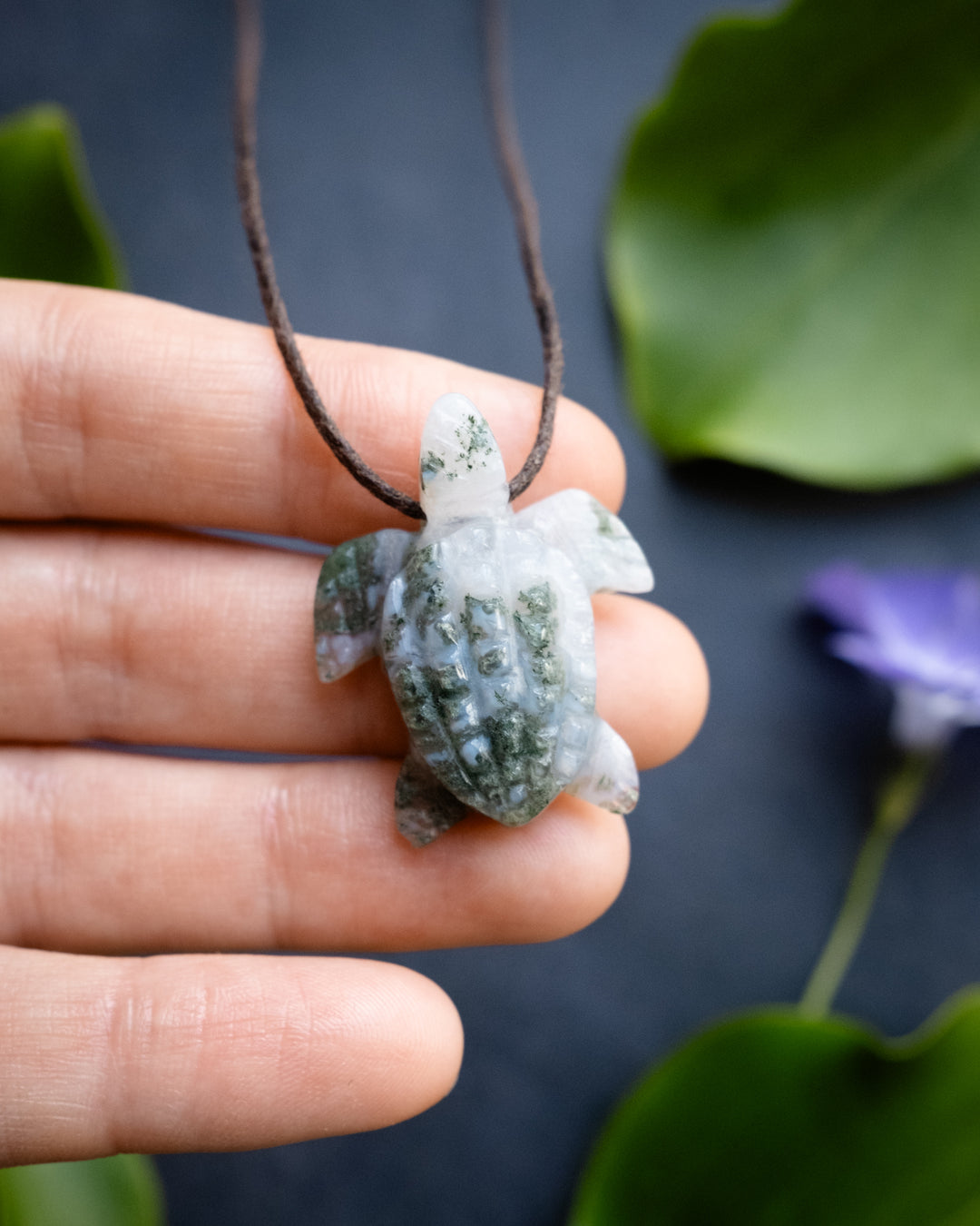 Small Moss Agate Hand Carved Leatherback Sea Turtle Necklace - The Healing Pear