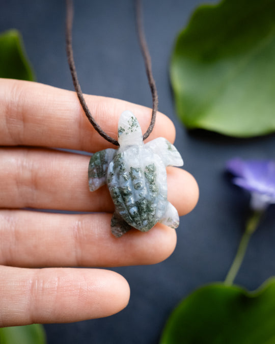 Small Moss Agate Hand Carved Leatherback Sea Turtle Necklace - The Healing Pear