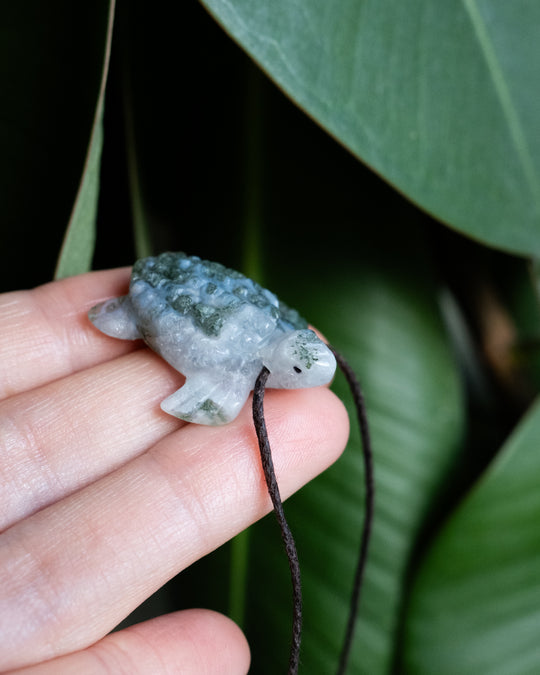Small Moss Agate Hand Carved Leatherback Sea Turtle Necklace - The Healing Pear
