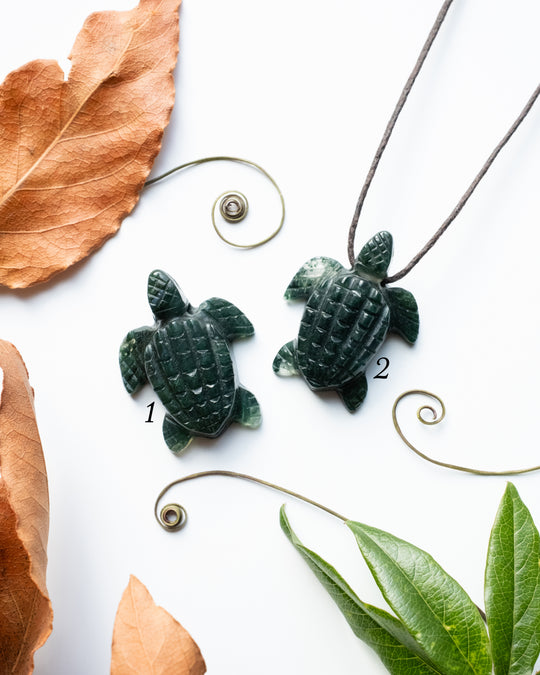 Small Moss Agate Hand Carved Leatherback Sea Turtle Necklace