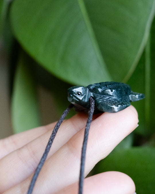 Small Moss Agate Hand Carved Leatherback Sea Turtle Necklace