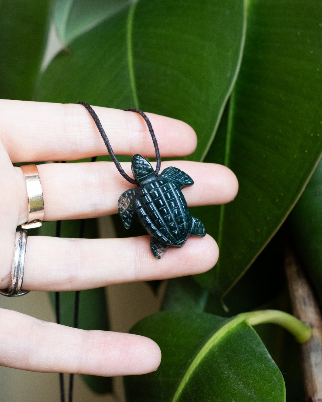 Small Moss Agate Hand Carved Leatherback Sea Turtle Necklace