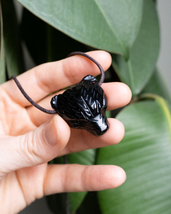Obsidian Hand Carved Bear Necklace