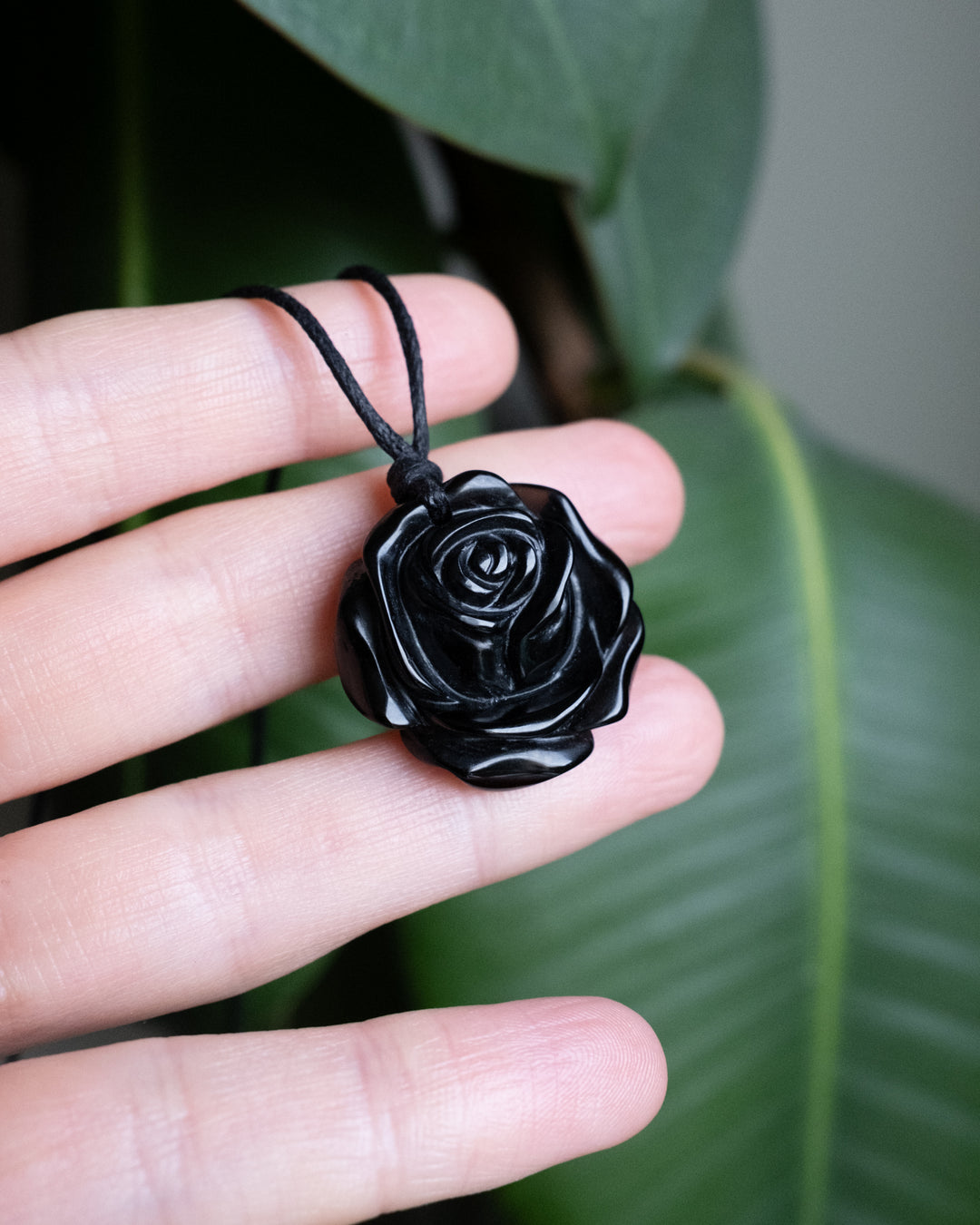 Obsidian Hand Carved Rose Necklace