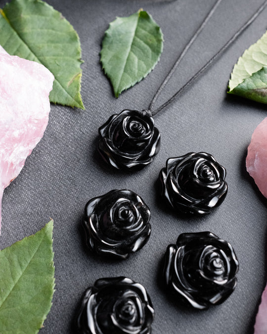 Obsidian Hand Carved Rose Necklace