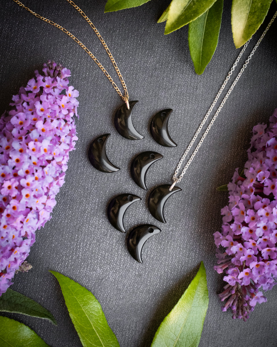Obsidian Crescent Moon Recycled Sterling Silver or Gold Necklace
