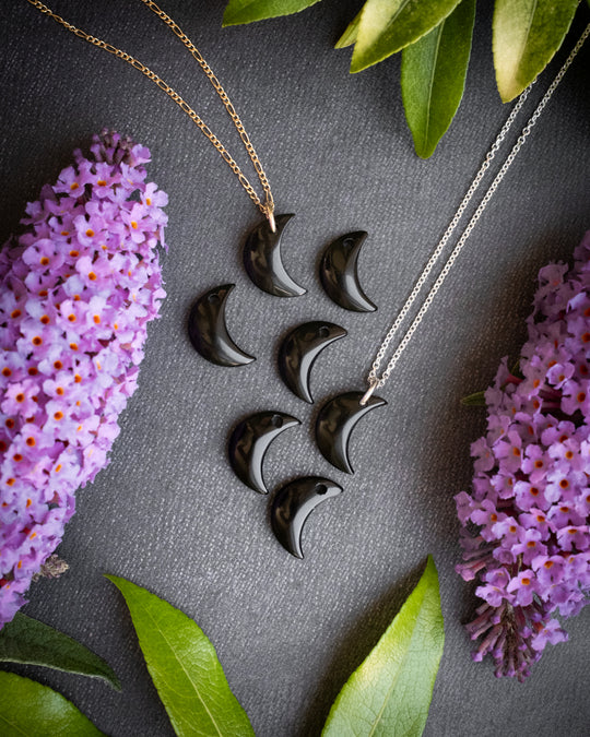 Obsidian Crescent Moon Recycled Sterling Silver or Gold Necklace