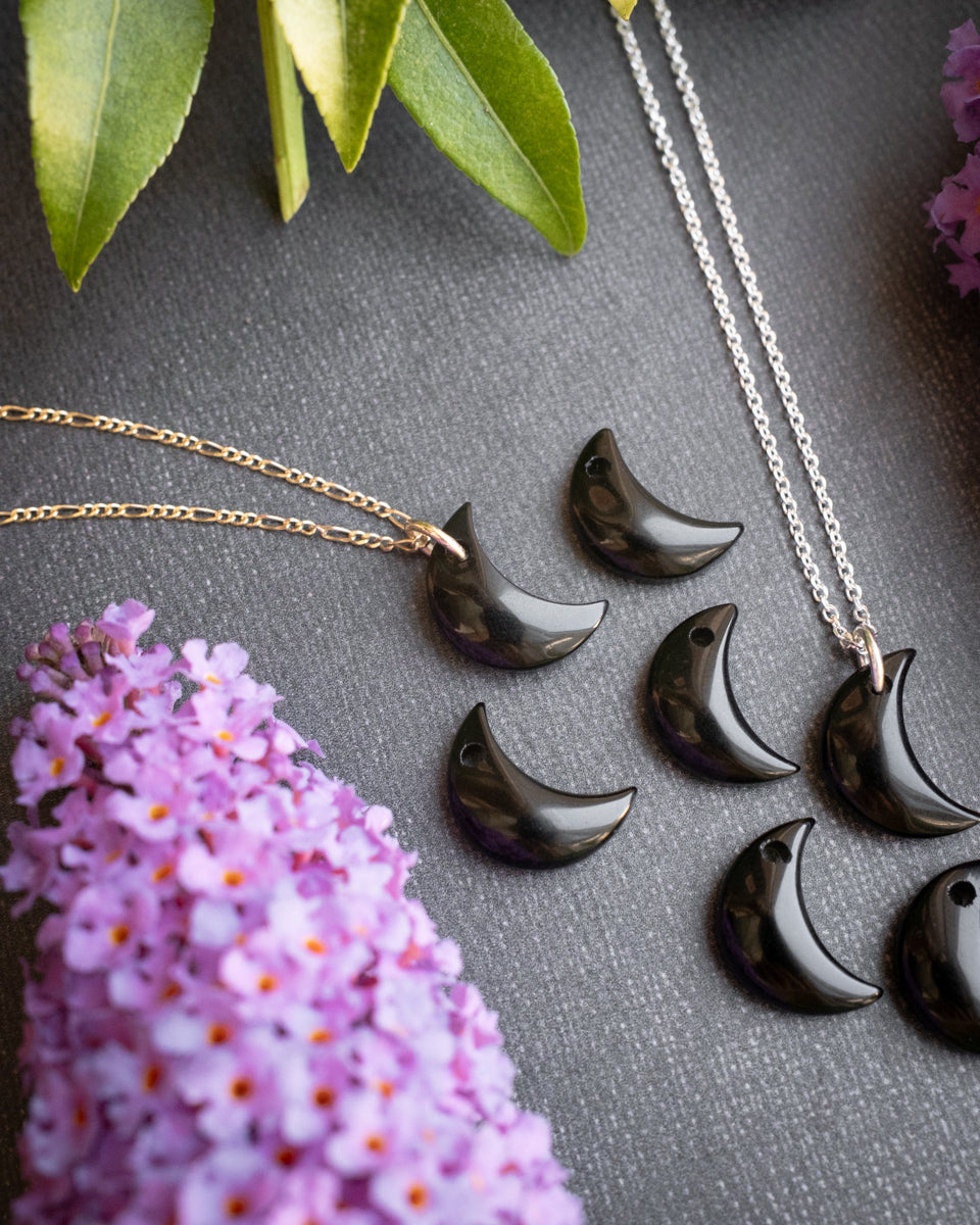 Obsidian Crescent Moon Recycled Sterling Silver or Gold Necklace