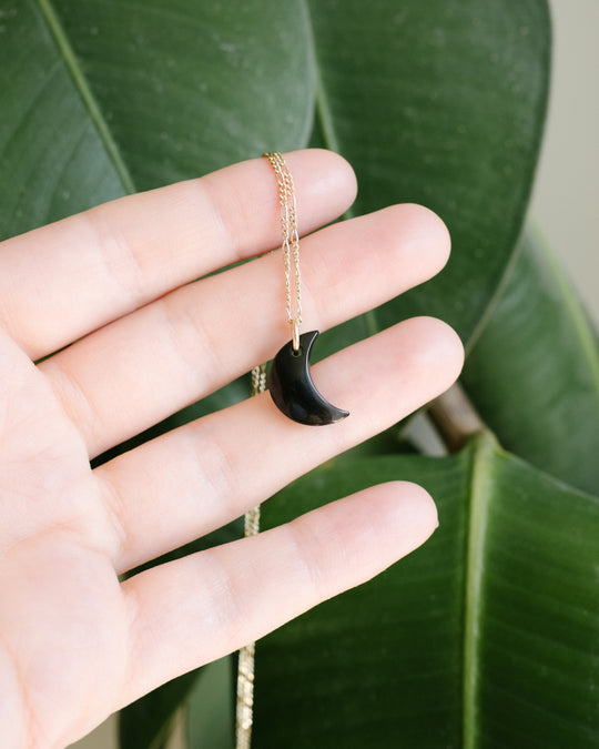 Obsidian Crescent Moon Recycled Sterling Silver or Gold Necklace