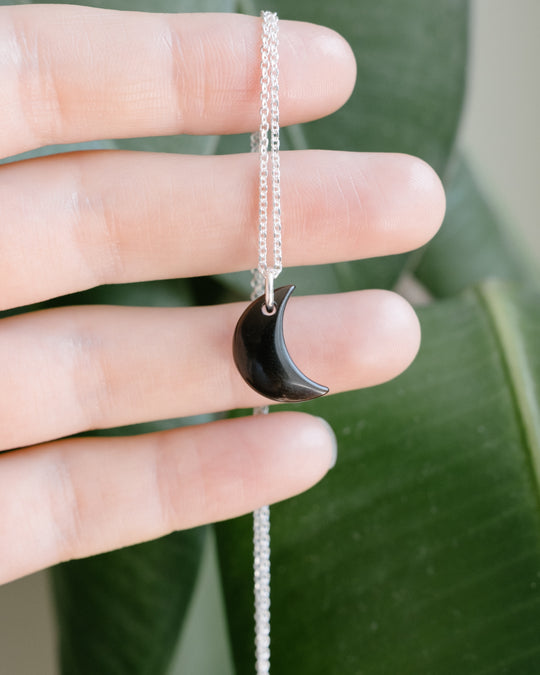 Obsidian Crescent Moon Recycled Sterling Silver or Gold Necklace