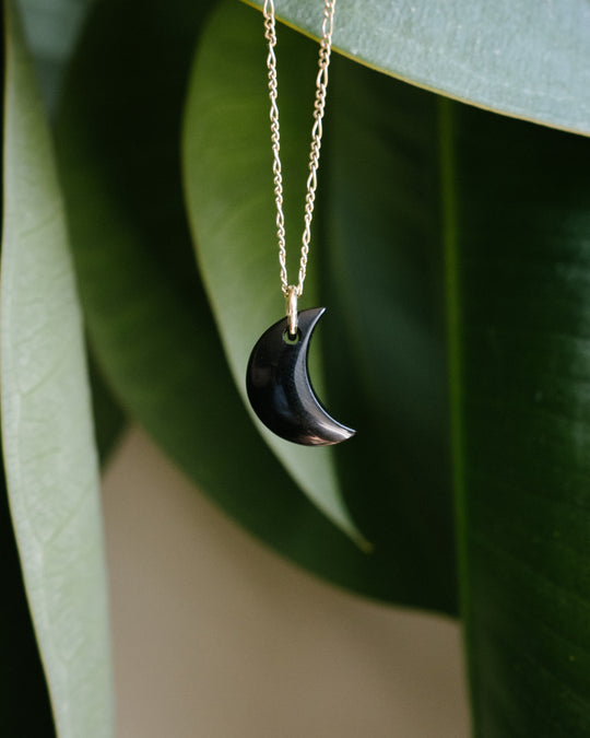 Obsidian Crescent Moon Recycled Sterling Silver or Gold Necklace