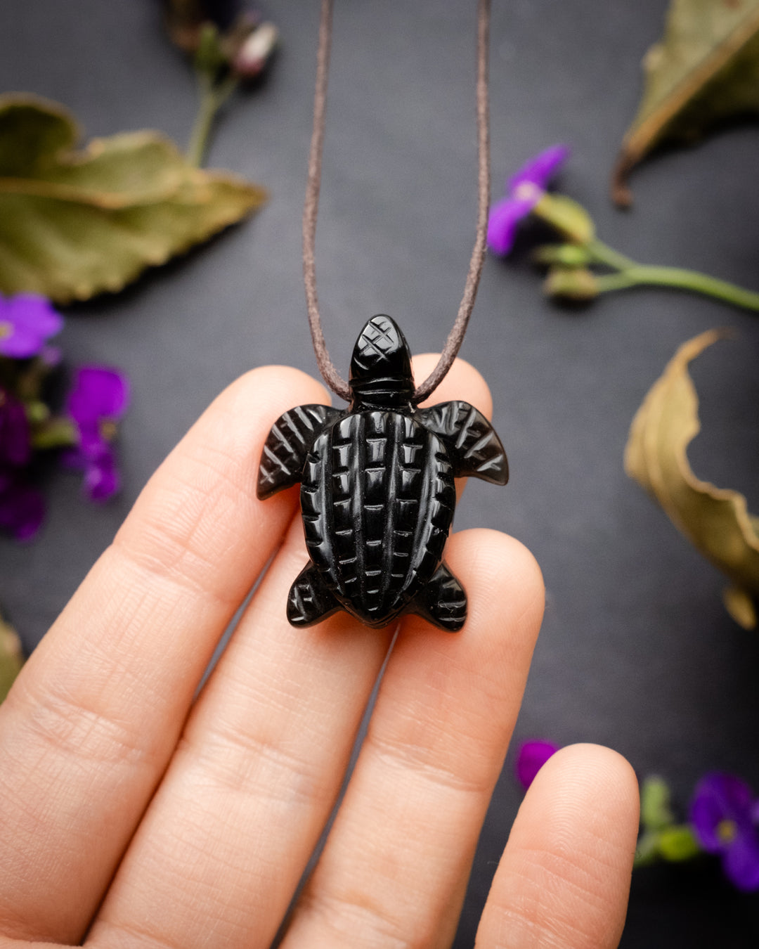 Small Obsidian Hand Carved Leatherback Sea Turtle Necklace - The Healing Pear