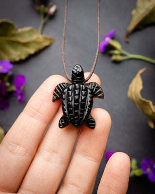 Small Obsidian Hand Carved Leatherback Sea Turtle Necklace