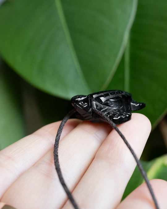 Small Obsidian Hand Carved Leatherback Sea Turtle Necklace
