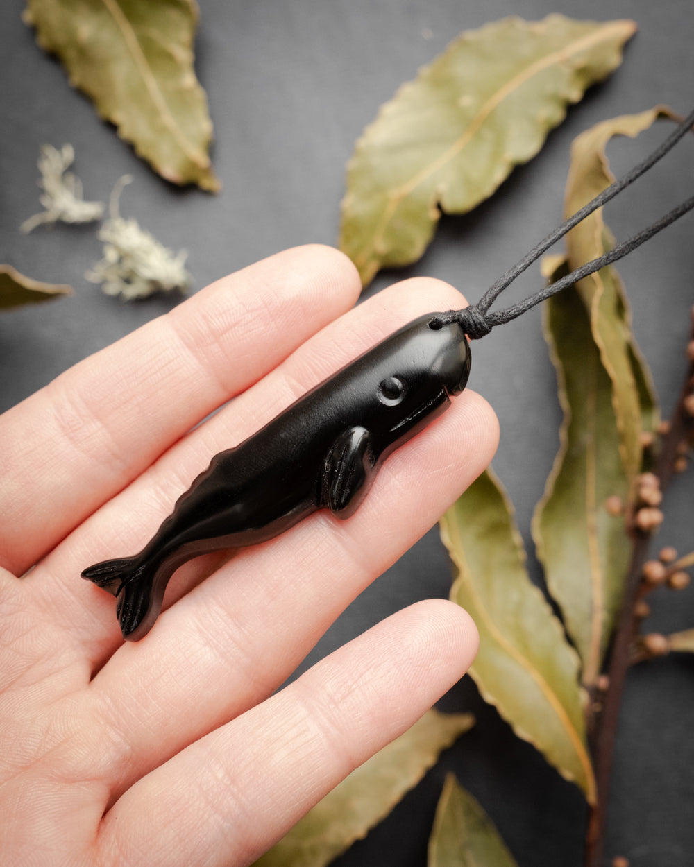 Obsidian Hand Carved Sperm Whale Necklace