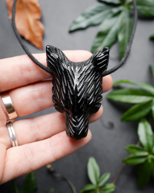 Large Obsidian Hand Carved Wolf Necklace