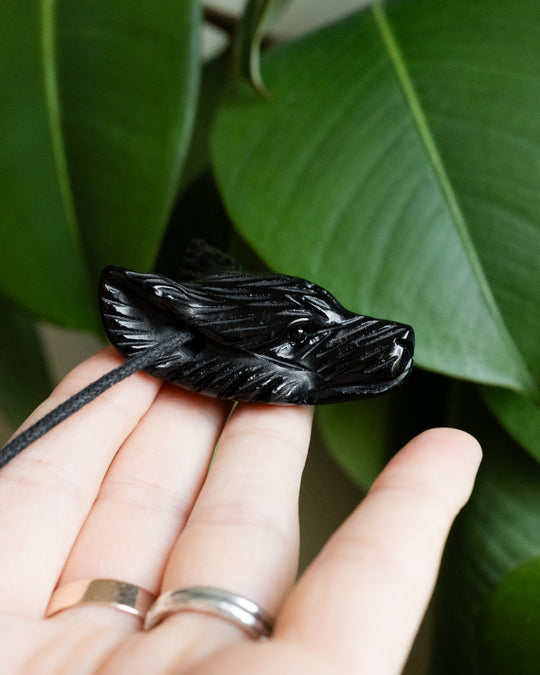 Large Obsidian Hand Carved Wolf Necklace