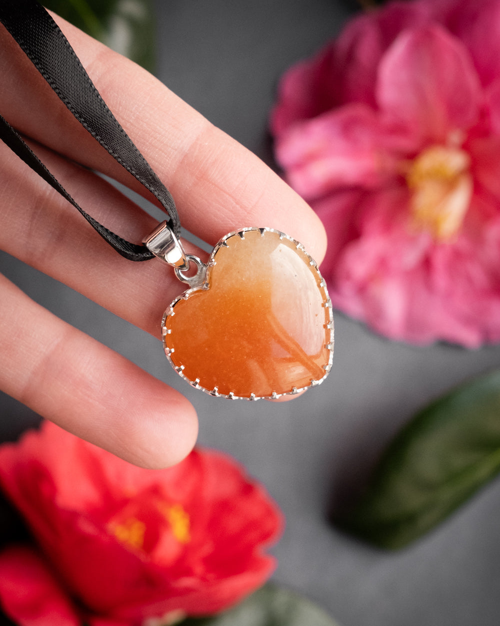 Orange Aventurine Heart Sterling Silver Gallery Necklace - The Healing Pear
