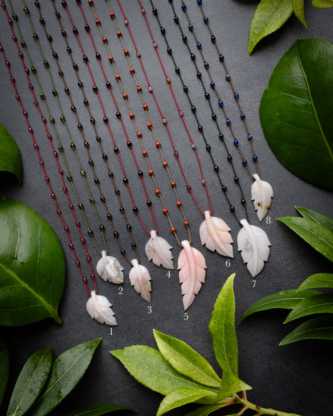 Peruvian Pink Opal Hand Carved Leaf Beaded Necklace