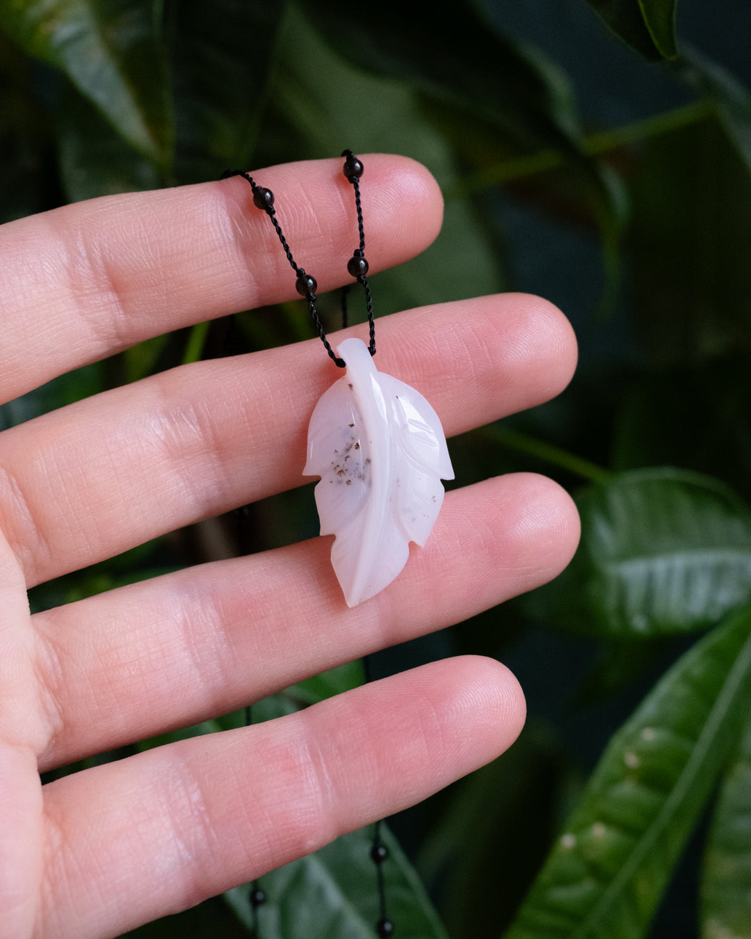 Peruvian Pink Opal Hand Carved Leaf Beaded Necklace