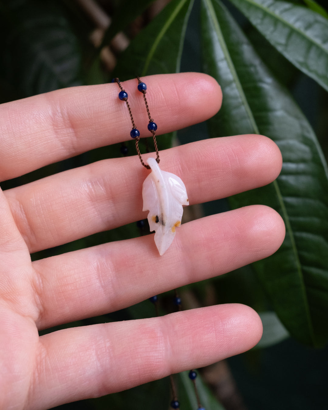 Peruvian Pink Opal Hand Carved Leaf Beaded Necklace