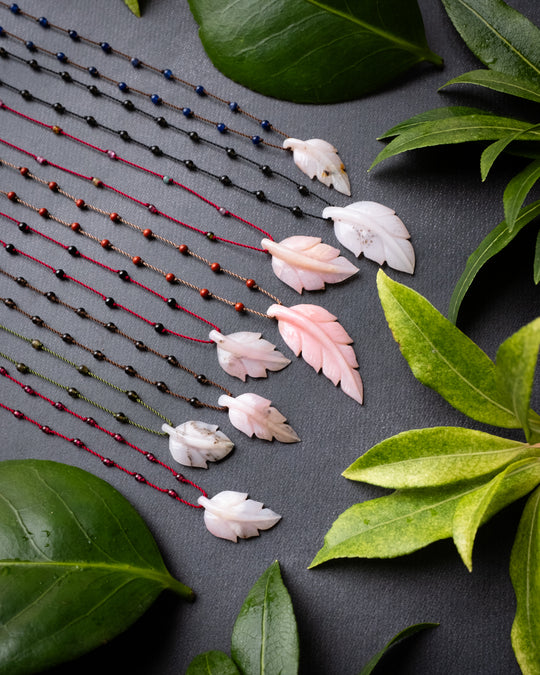 Peruvian Pink Opal Hand Carved Leaf Beaded Necklace