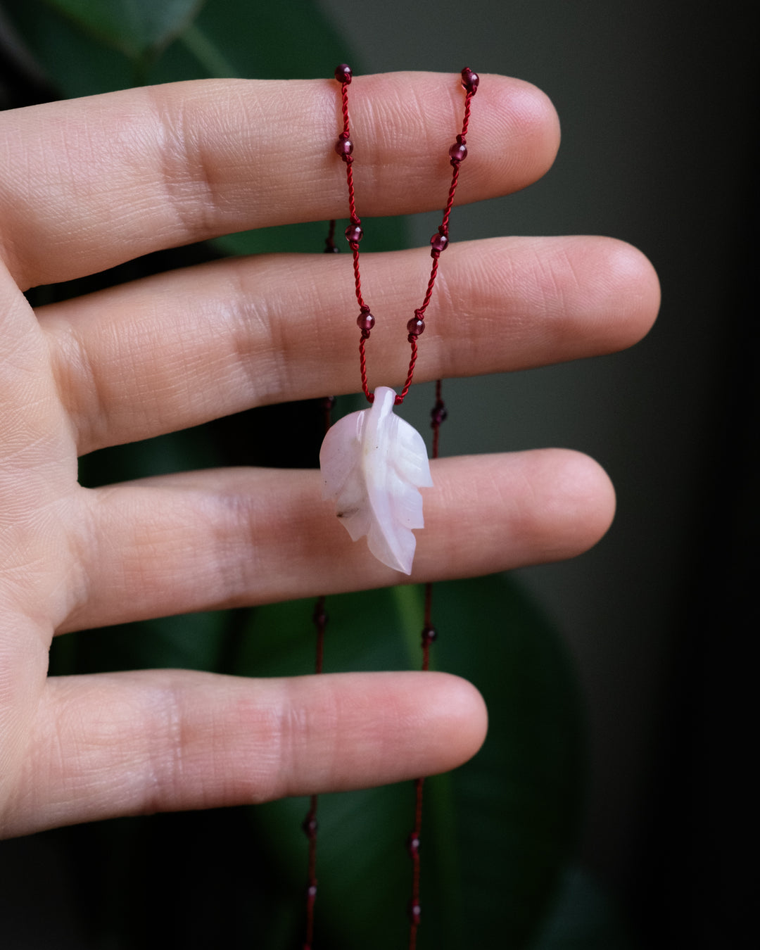 Peruvian Pink Opal Hand Carved Leaf Beaded Necklace