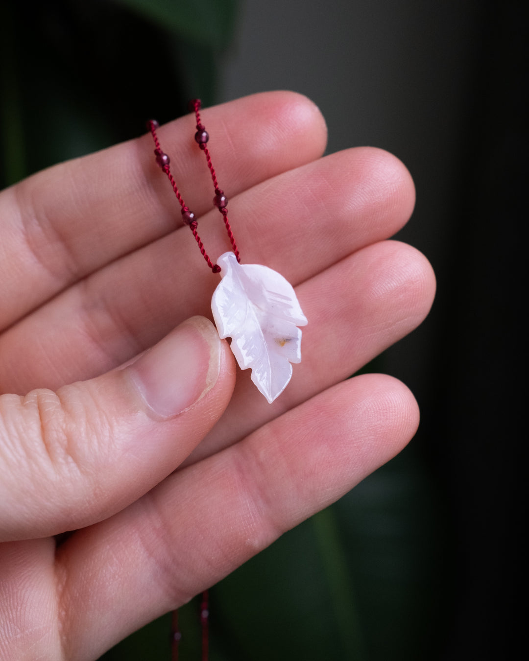 Peruvian Pink Opal Hand Carved Leaf Beaded Necklace