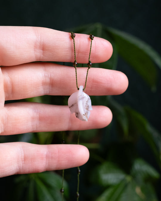Peruvian Pink Opal Hand Carved Leaf Beaded Necklace