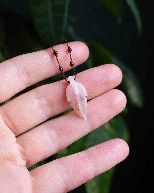 Peruvian Pink Opal Hand Carved Leaf Beaded Necklace