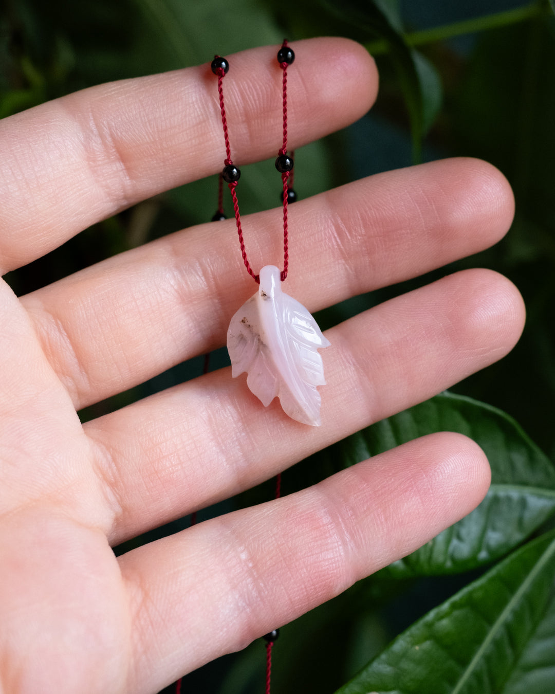 Peruvian Pink Opal Hand Carved Leaf Beaded Necklace