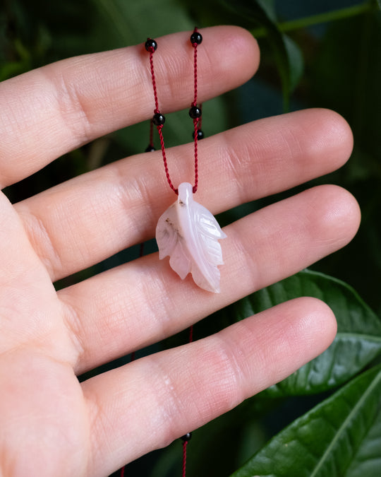 Peruvian Pink Opal Hand Carved Leaf Beaded Necklace