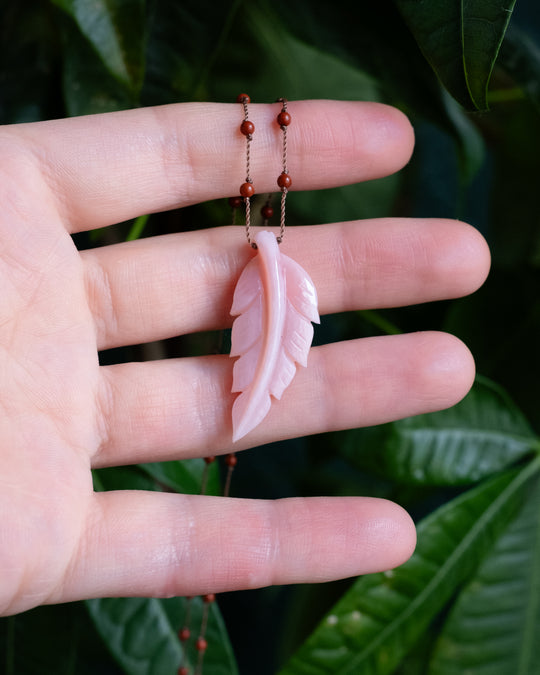 Peruvian Pink Opal Hand Carved Leaf Beaded Necklace