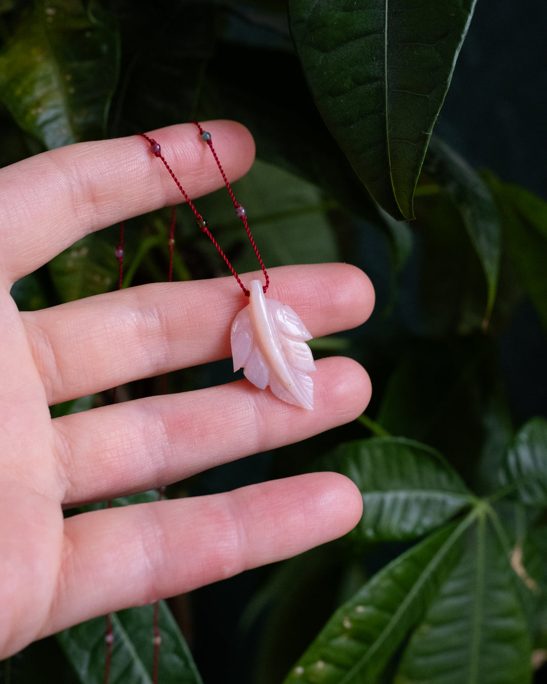 Peruvian Pink Opal Hand Carved Leaf Beaded Necklace