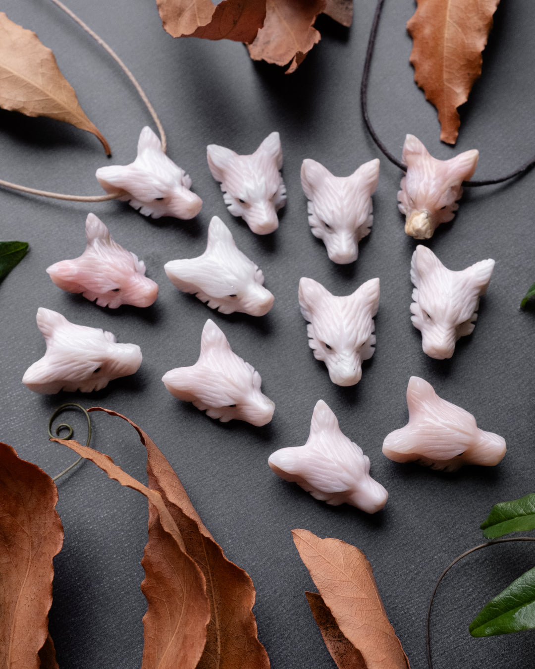 Small Peruvian Pink Opal Hand Carved Wolf Necklace