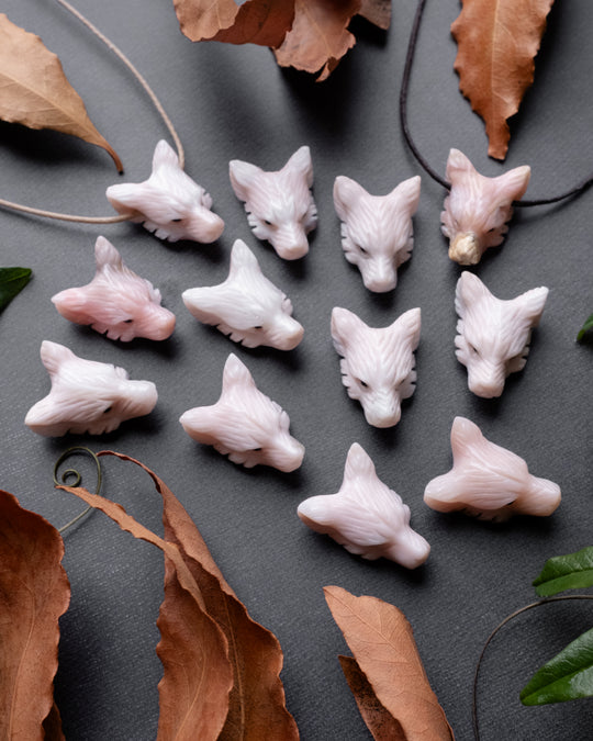 Small Peruvian Pink Opal Hand Carved Wolf Necklace